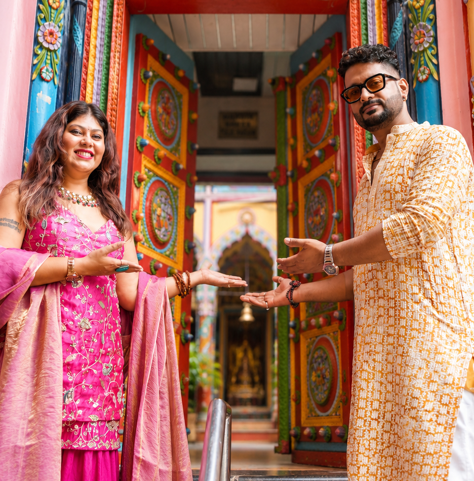 Sundeep and Kanchhan at a colourful temple entrance