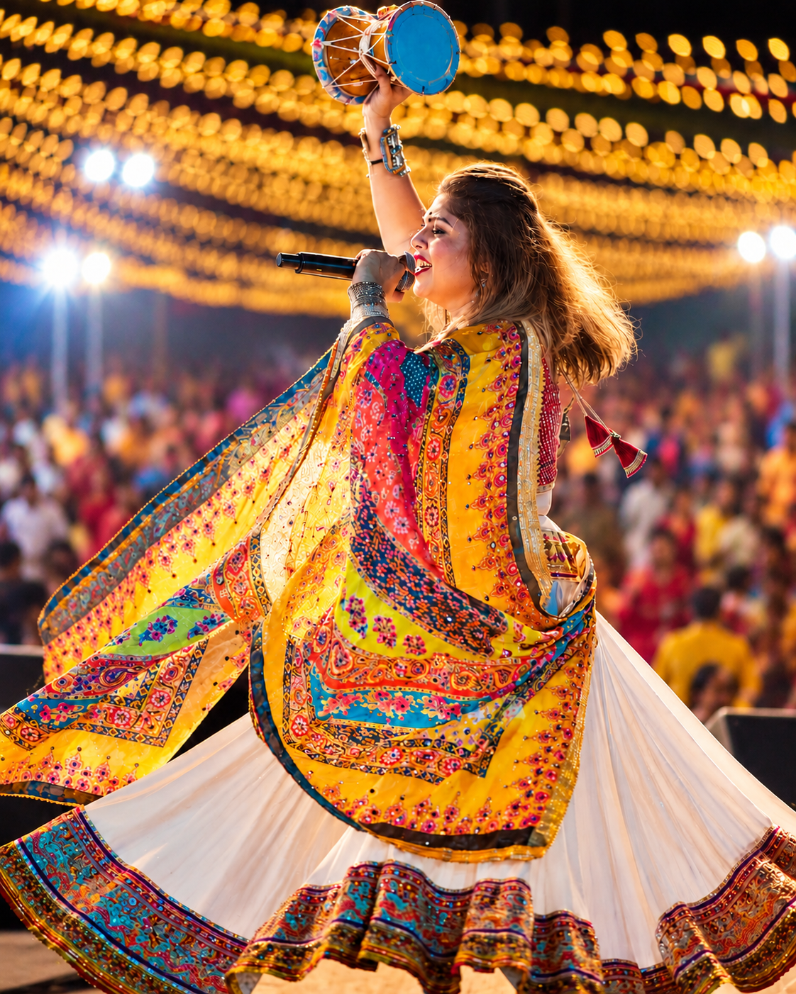 Kanchhan performing beneath festival lights with a raised damru